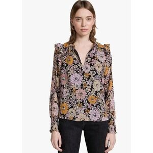 BB Dakota Steve Madden Floral Ruffle V Neck Long Sleeve Blouse Black Pink Medium